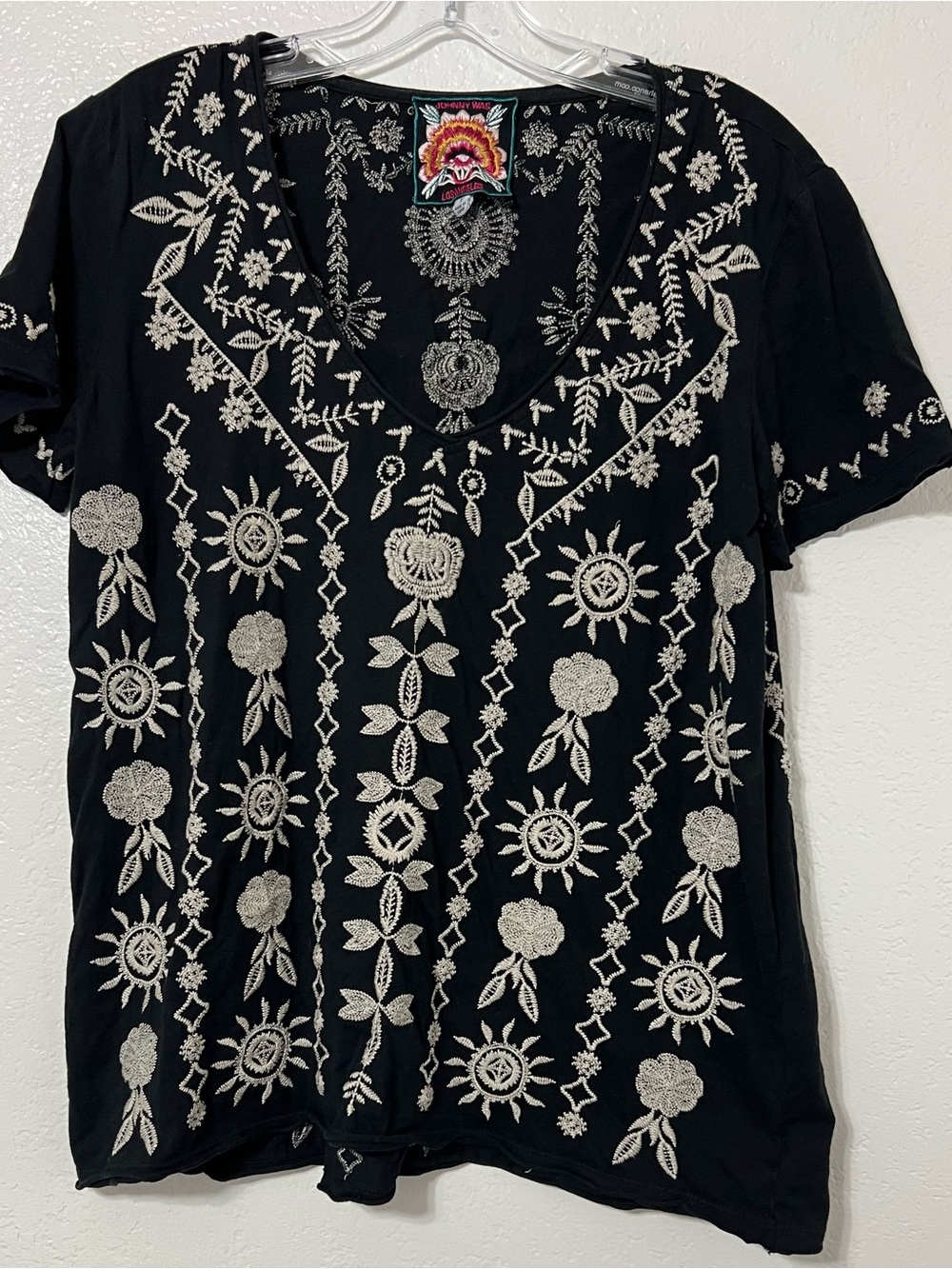Johnny Was Black Embroidered Cotton Boho Top Short Sleeve Size S